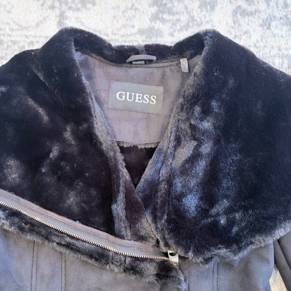 GUESS Faux Fur Belted Moto Jacket Black Y2K Glam Gothic Lace Mobwife M Upcycle - Picture 15 of 15